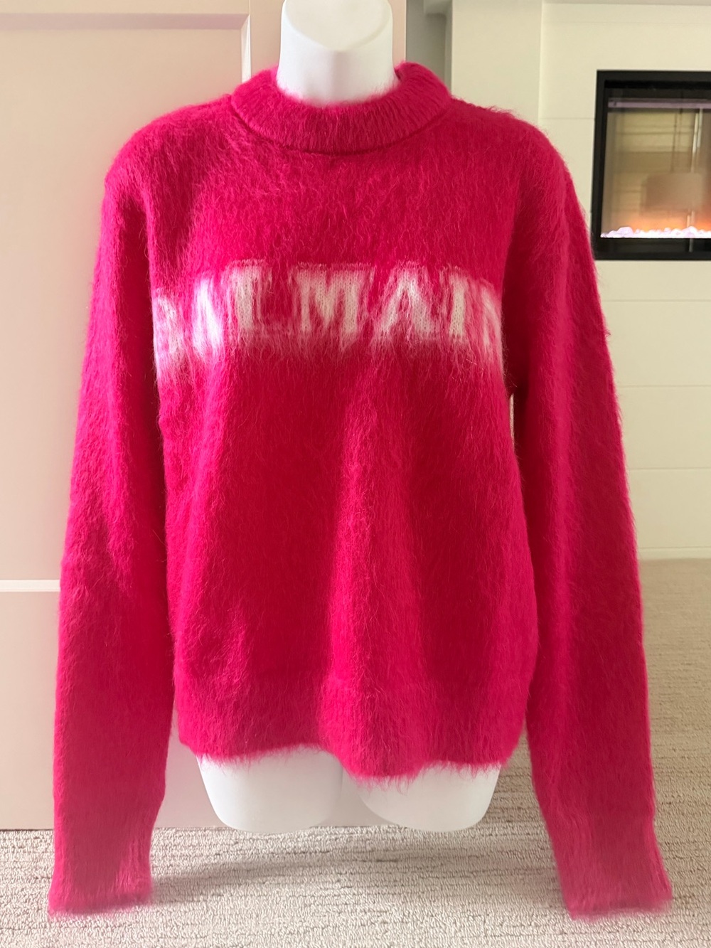 BALMAIN Gorgeous Mohair Blend Cozy Rich Pink Logo Sweater Sz 40 NWT $1,690!!